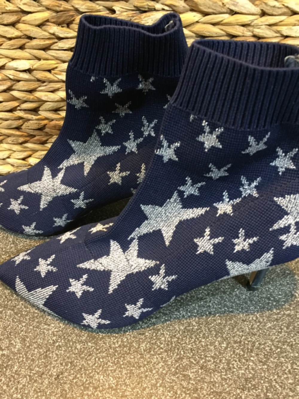 Neiman Marcus Navy Knit Star Sock Booties w/ Metallic Silver Stars - Picture 5 of 9
